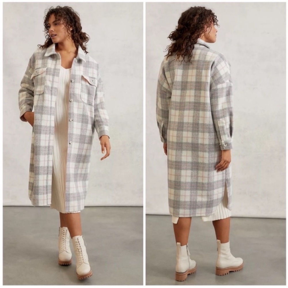 Anthropologie If By Sea Oversized Plaid Long Shacket Coat Gray Pink White sz M